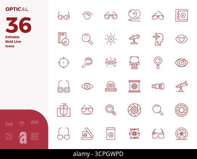 Beautifully rendered 36 Bold Line PIXEL perfect vector icons for Optical, created at 128x128 resolution for stunning visual consistency across platfor Stock Vector