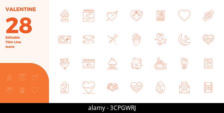 Intelligently designed 28 PIXEL perfect vector icons inspired by Valentine, created in Thin Line format at 128x128 for smart and efficient design work Stock Vector