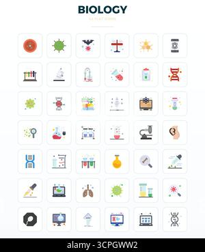 Revolutionary set of 42 PIXEL perfect vector icons inspired by Biology, created in Minimal Flat format at 128x128 resolution for cutting-edge design. Stock Vector