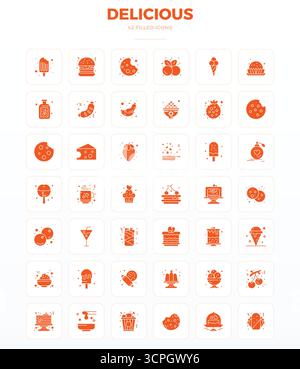 Contemporary collection of 42 vector icons representing Delicious in SolidFill aesthetic, featuring 128x128 PIXEL perfect resolution for modern applic Stock Vector