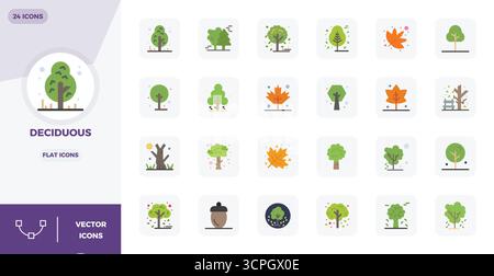Distinctive pack of 24 PIXEL perfect vector icons inspired by Deciduous, crafted in Flat format at 128x128 for memorable brand experiences. Stock Vector