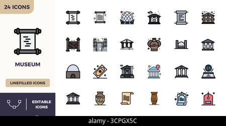 Contemporary collection of 24 vector icons representing Museum in Flat Lineal Color aesthetic, featuring 128x128 PIXEL perfect resolution for modern a Stock Vector