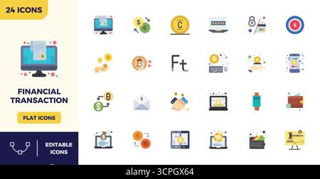 Download 24 scalable Flat Color vector icons designed for Financial Transaction, featuring PIXEL perfect 128x128 resolution suitable for professional Stock Vector