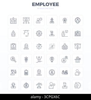 Essential pack of 36 PIXEL perfect vector icons for Employee in Strong Outline format, sized at 128x128 for optimal performance and scalability. Stock Vector