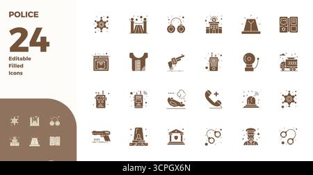 Handcrafted collection featuring 24 Glyph Filled vector icons for Police, optimized in 128x128 PIXEL perfect resolution for premium digital experience Stock Vector