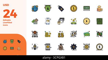 Discover a set of 24 Duotone vector icons crafted for the Usd theme, featuring 128x128 PIXEL perfect designs ideal for modern UI/UX projects. Stock Vector