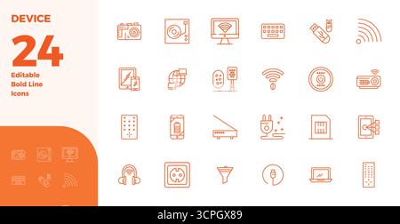 A versatile set of 24 Bold Line PIXEL perfect vector icons focused on Device, delivered in crisp 128x128 format ideal for mobile and web applications. Stock Vector