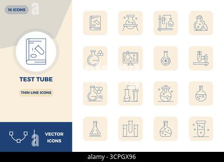 Perfectly balanced 16 Thin Line PIXEL perfect vector icons for Test Tube, sized at 128x128 for harmonious integration in digital design projects. Stock Vector