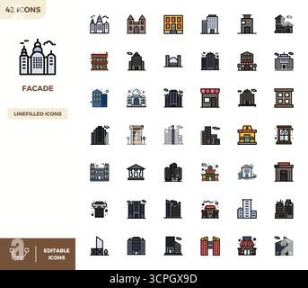 Meticulously crafted 42 Flat Lineal Color vector icons for Facade, delivered in 128x128 PIXEL perfect quality for uncompromising design standards. Stock Vector