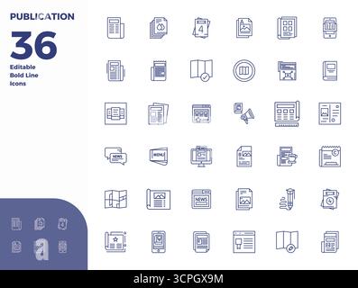 Exclusive collection of 36 Bold Line vector icons for Publication, developed with 128x128 PIXEL perfect resolution for premium brand experiences. Stock Vector