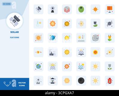 Meticulously crafted 36 Flat vector icons for Solar, delivered in 128x128 PIXEL perfect quality for uncompromising design standards. Stock Vector