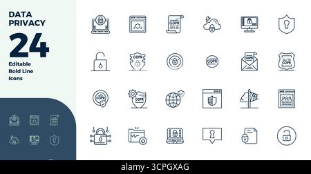 Masterfully created 24 vector icons representing Data Privacy in Bold Line design, featuring 128x128 PIXEL perfect resolution for exceptional visual q Stock Vector