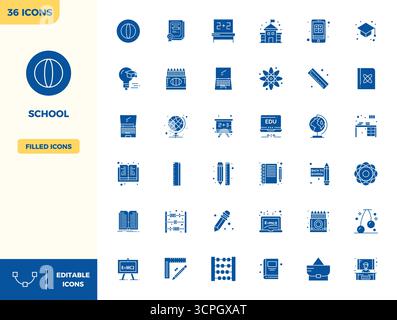 Enhance your projects with 36 Filled vector icons themed around School, featuring 128x128 PIXEL perfect resolution ideal for clean and professional de Stock Vector