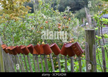 Tin cans on a picket fence Stock Photo