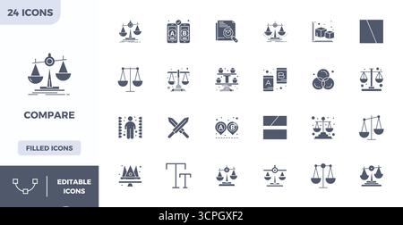 A dynamic set of 24 vector icons in Filled, tailored for Compare with 128x128 PIXEL perfect quality suited for digital products. Stock Vector