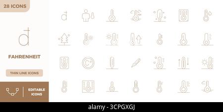 Handcrafted collection featuring 28 Minimal Line vector icons for Fahrenheit, optimized in 128x128 PIXEL perfect resolution for premium digital experi Stock Vector