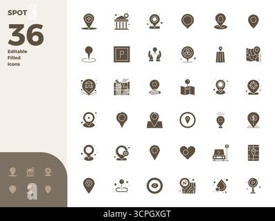 Innovative pack of 36 vector icons themed around Spot, showcasing Glyph Filled design in 128x128 PIXEL perfect format for modern digital solutions. Stock Vector