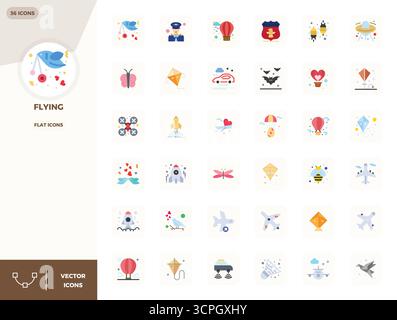 Thoughtfully designed 36 vector icons themed around Flying, crafted in Flat with 128x128 PIXEL perfect precision for contemporary design needs. Stock Vector