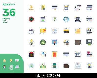 Transform your designs with 36 Flat vector icons themed around Banking, engineered in 128x128 PIXEL perfect resolution for maximum clarity. Stock Vector