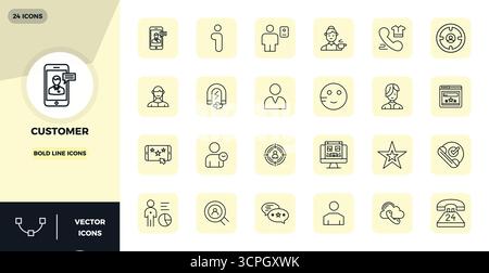 Perfectly balanced 24 Bold Line PIXEL perfect vector icons for Customer, sized at 128x128 for harmonious integration in digital design projects. Stock Vector