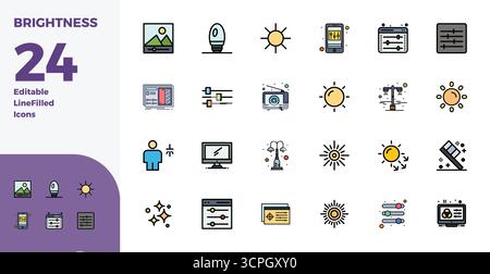 Intelligently designed 24 PIXEL perfect vector icons inspired by Brightness, created in Duotone format at 128x128 for smart and efficient design workf Stock Vector