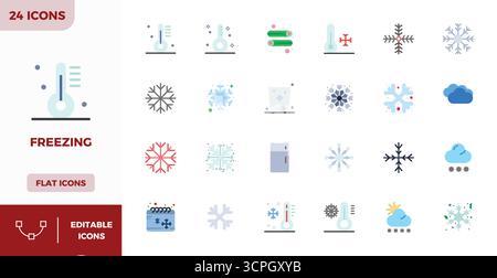 Handcrafted collection featuring 24 Flat Color vector icons for Freezing, optimized in 128x128 PIXEL perfect resolution for premium digital experience Stock Vector