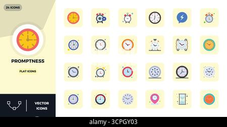 This collection features 24 Flat PIXEL perfect vector icons tailored to the Promptness theme, optimized in 128x128 format for digital design. Stock Vector