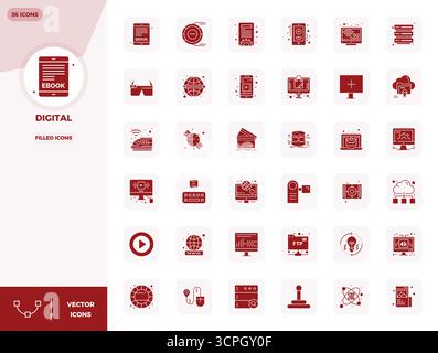 Download 36 scalable Filled vector icons designed for Digital, featuring PIXEL perfect 128x128 resolution suitable for professional and creative proje Stock Vector