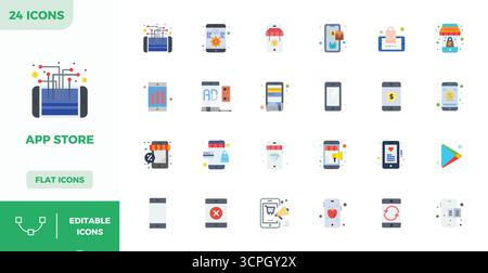 This collection features 24 Flat Color PIXEL perfect vector icons tailored to the App Store theme, optimized in 128x128 format for digital design. Stock Vector
