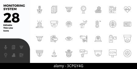 Thoughtfully designed 28 vector icons themed around Monitoring System, crafted in Thin Line with 128x128 PIXEL perfect precision for contemporary desi Stock Vector