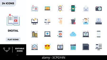 Precision-engineered 24 Flat Color vector icons for Digital, designed at 128x128 PIXEL perfect resolution for exceptional clarity and scalability. Stock Vector