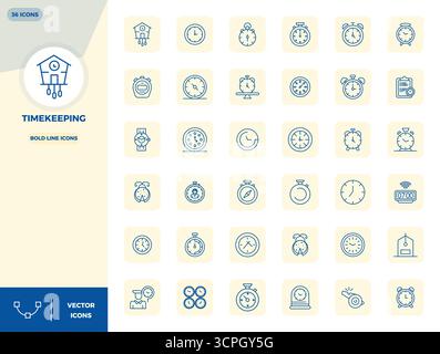 Revolutionary set of 36 PIXEL perfect vector icons inspired by Timekeeping, created in Bold Line format at 128x128 resolution for cutting-edge design. Stock Vector