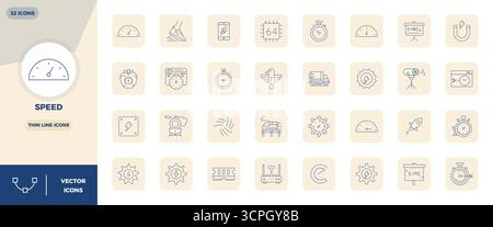 This collection features 32 Thin Line PIXEL perfect vector icons tailored to the Speed theme, optimized in 128x128 format for digital design. Stock Vector