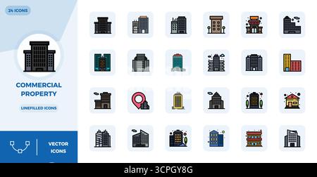 Streamlined set of 24 vector icons for Commercial Property in LineFilled aesthetic, featuring 128x128 PIXEL perfect resolution for seamless user exper Stock Vector