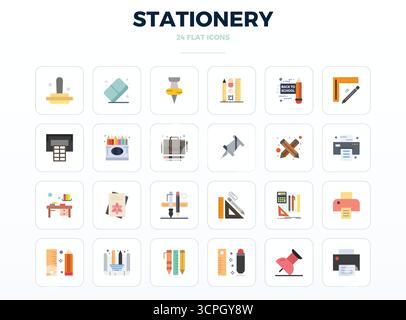 Essential pack of 24 PIXEL perfect vector icons for Stationery in Minimal Flat format, sized at 128x128 for optimal performance and scalability. Stock Vector