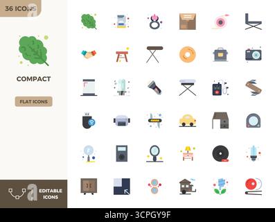 Carefully curated 36 Flat Color vector icons for Compact, featuring 128x128 PIXEL perfect resolution for consistent brand representation and user expe Stock Vector