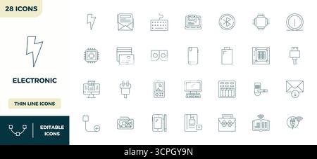 Professional-grade collection of 28 Minimal Line vector icons representing Electronic, crafted with 128x128 PIXEL perfect precision for enterprise app Stock Vector