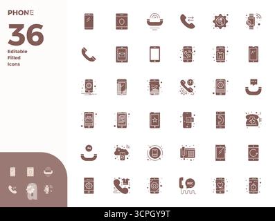 Artfully designed 36 Glyph Filled PIXEL perfect vector icons for Phone, delivered in 128x128 format for consistent visual excellence. Stock Vector