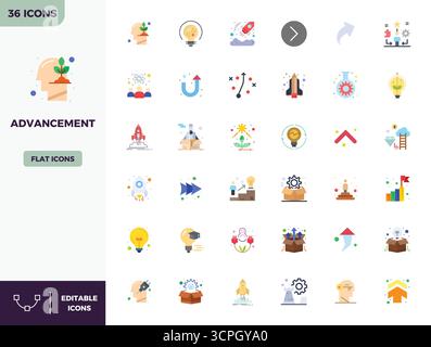 This collection features 36 Flat Color PIXEL perfect vector icons tailored to the Advancement theme, optimized in 128x128 format for digital design. Stock Vector