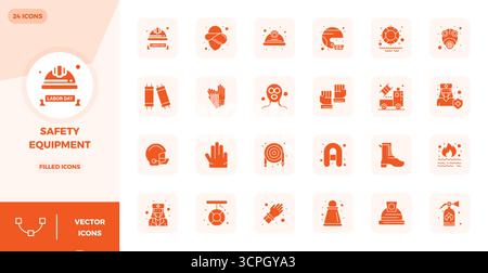 This Safety Equipment vector icon pack includes 24 Filled designs in 128x128 PIXEL perfect format, perfect for enhancing digital interfaces. Stock Vector