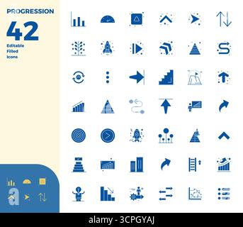 Unlock 42 Glyph Filled PIXEL perfect vector icons inspired by Progression, optimized in 128x128 format for flawless display across all devices. Stock Vector