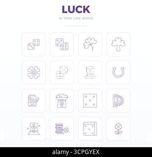 Meticulously crafted 16 Thin Outline vector icons for Luck, delivered in 128x128 PIXEL perfect quality for uncompromising design standards. Stock Vector