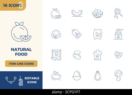 Professionally designed 16 vector icons in Minimal Line, capturing the essence of Natural Food with 128x128 PIXEL perfect precision for UI design. Stock Vector