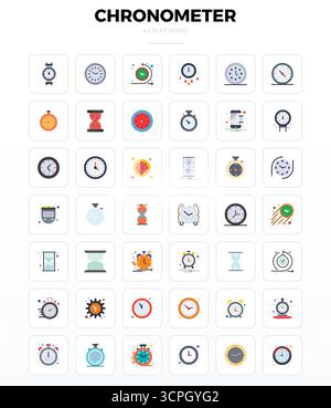 Streamlined set of 42 vector icons for Chronometer in Minimal Flat aesthetic, featuring 128x128 PIXEL perfect resolution for seamless user experiences Stock Vector