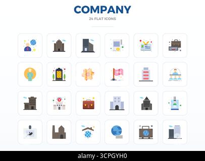This Company vector icon pack includes 24 Minimal Flat designs in 128x128 PIXEL perfect format, perfect for enhancing digital interfaces. Stock Vector