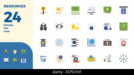 A versatile set of 24 Flat PIXEL perfect vector icons focused on Resources, delivered in crisp 128x128 format ideal for mobile and web applications. Stock Vector