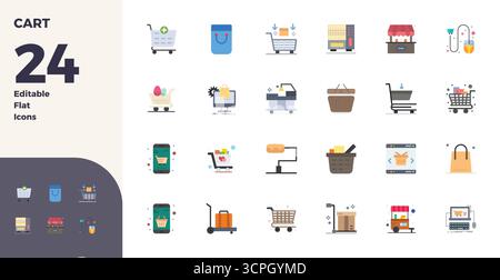 Comprehensive toolkit of 24 vector icons themed around Cart, developed in Flat with 128x128 PIXEL perfect precision for versatile design applications. Stock Vector