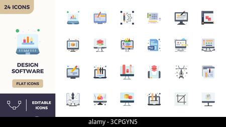 Industry-leading pack of 24 Flat Color PIXEL perfect vector icons for Design Software, sized at 128x128 for optimal rendering and user interface excel Stock Vector