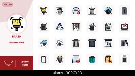 Premium collection of 24 LineFilled vector icons for Trash, meticulously crafted in 128x128 PIXEL perfect resolution for superior visual impact. Stock Vector