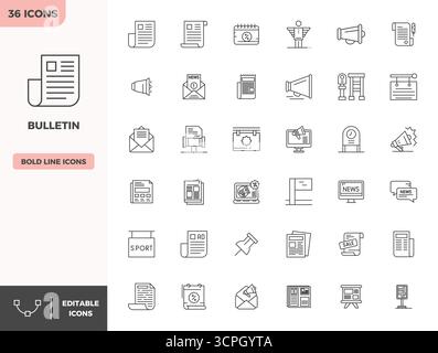 This collection features 36 Heavy Line PIXEL perfect vector icons tailored to the Bulletin theme, optimized in 128x128 format for digital design. Stock Vector